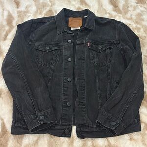 Levis Premium Denim Relaxed Trucker Jacket Black Vintage Fit Men Sz L